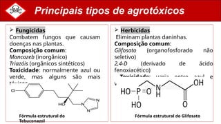 Principais tipos de agrotóxicos
 Herbicidas
Eliminam plantas daninhas.
Composição comum:
Glifosato (organofosforado não
seletivo)
2,4-D (derivado de ácido
fenoxiacético)
Toxicidade: varia entre azul e
vermelha, dependendo do produto.
 Fungicidas
Combatem fungos que causam
doenças nas plantas.
Composição comum:
Mancozeb (inorgânico)
Triazóis (orgânicos sintéticos)
Toxicidade: normalmente azul ou
verde, mas alguns são mais
tóxicos.
Fórmula estrutural do Glifosato
Fórmula estrutural do
Tebuconazol
 
