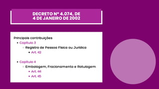 Capítulo 3
Registro de Pessoa Física ou Jurídica
Art. 42
Capítulo 4
Embalagem, Fracionamento e Rotulagem
Art. 44
Art. 45
Principais contribuições
DECRETO Nº 4.074, DE
4 DE JANEIRO DE 2002
 