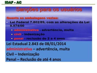 Lei Estadual 2.843 de 08/01/2014 
administrativa – advertência, multa 
Civil – Indenização 
Penal – Reclusão de até 4 anos 
 