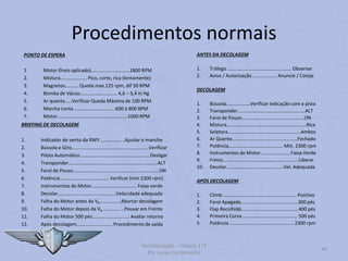 Procedimentos normais
PONTO DE ESPERA
1. Motor (freio aplicado).............................1800 RPM
2. Mistura.................... Pico, corte, rica (lentamente)
3. Magnetos.......... Queda max 125 rpm, dif 50 RPM
4. Bomba de Vácuo............................ 4,6 – 5,4 in Hg
5. Ar quente.....Verificar Queda Máxima de 100 RPM
6. Marcha Lenta .............................. 600 à 800 RPM
7. Motor.....................................................1000 RPM
BRIEFING DE DECOLAGEM
1. Indicador de vento da RWY...................Ajustar o manche
2. Bússola e Giro..........................................................Verificar
3. Piloto Automático ....................................................Desligar
4. Transponder...................................................................ALT
5. Farol de Pouso.................................................................ON
6. Potência..................................... Verificar (min 2300 rpm)
7. Instrumentos do Motor.................................. Faixa verde
8. Decolar............................................Velocidade adequada
9. Falha do Motor antes da VR................Abortar decolagem
10. Falha do Motor depois da VR.............. ..Pousar em Frente
11. Falha do Motor 500 pés............................ Avaliar retorno
12. Após decolagem........................... Procedimento de saída
Familiarização – Cessna 172
Por Lucas Carramenha
46
ANTES DA DECOLAGEM
1. Tráfego ................................................ Observar
2. Aviso / Autorização .................. Anuncie / Coteje
DECOLAGEM
1. Bússola..................Verificar indicação com a pista
2. Transponder...................................................ALT
3. Farol de Pouso...............................................ON
4. Mistura............................................................Rica
5. Seletora.......................................................Ambos
6. Ar Quente.................................................Fechado
7. Potência......................................... Min. 2300 rpm
8. Instrumentos do Motor.......................Faixa Verde
9. Freios.........................................................Liberar
10. Decolar...........................................Vel. Adequada
APÓS DECOLAGEM
1. Climb ....................................................... Positivo
2. Farol Apagado...........................................300 pés
3. Flap Recolhido...........................................400 pés
4. Primeira Curva ......................................... 500 pés
5. Potência ................................................ 2300 rpm
 
