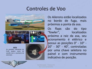 Controles de Voo
Os Ailerons estão localizados
no bordo de fuga, mais
próximos a ponta da asa.
Os flaps são do tipo
“fowler”, localizados
próximo a raiz da asa, seu
acionamento é elétrico e
possui as posições 0° - 10° -
20° - 30° - 40°, controladas
por uma chave seletora no
painel e com instrumento
indicativo de posição.
Familiarização – Cessna 172
Por Lucas Carramenha
5
NOTA
As posições indicativas do
FLAP, podem variar de
acordo com o ano/serie da
aeronave.
 