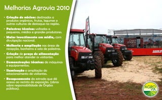 Melhorias Agrovia 2010
• Criação de núcleos destinados a
  produtos orgânicos, frutas, legumes e
  outras culturas de destaque na região.
• Palestras técnicas voltadas a
  pequenos, médios e grandes produtores.
• Maior investimento em mídia com
                        mídia,
  divulgação nacional.
• Melhoria e ampliação nas áreas de
  recepção, banheiros e sala de palestras.
      pç ,                      p
• Criação de praça de alimentação
  para melhor atender os visitantes.
• Demonstrações técnicas de máquinas
  e equipamentos.
• Iluminação e ampliação do
  estacionamento de visitantes.
• Recapeamento da estrada que dá
  acesso ao recinto da exposição. (obras
  sobre responsabilidade de Órgãos
  públicos).
    úbli )
 
