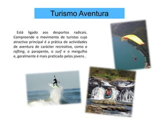  …Turismo Balnear Está associado à praia, tanto de mar como de rios e albufeiras, também associado à visitação de estabelecimentos ou destinos apropriados ao banho principalmente em estâncias de água mineral ou especificamente sulfurosa.