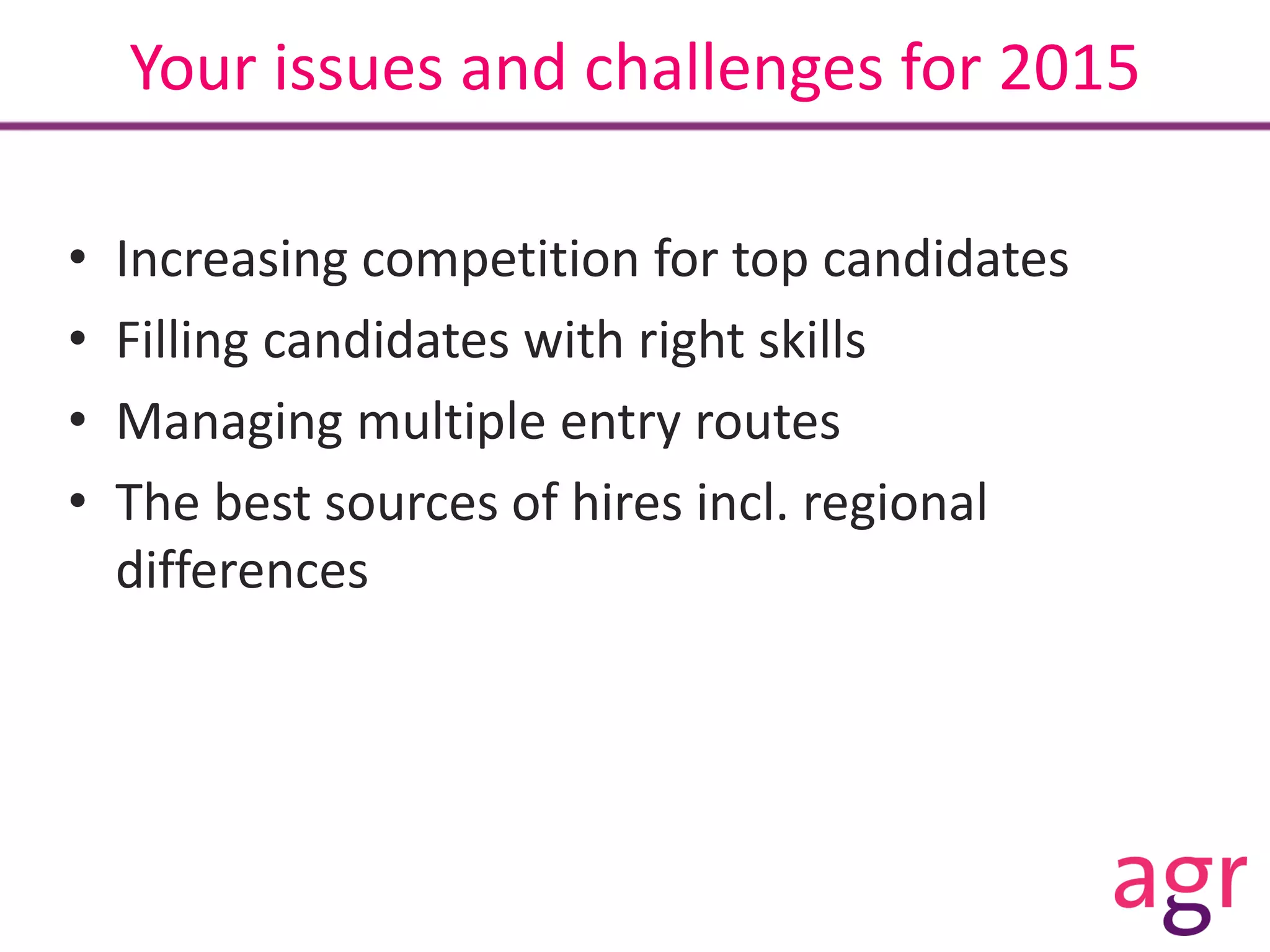Your issues and challenges for 2015
• Increasing competition for top candidates
• Filling candidates with right skills
• Managing multiple entry routes
• The best sources of hires incl. regional
differences
 