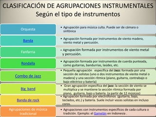CLASIFICACIÓN DE AGRUPACIONES INSTRUMENTALES
Según el tipo de instrumentos
• Agrupación para música culta. Puede ser de cámara o
sinfónica
Orquesta
• Agrupación formada por instrumentos de viento madera,
viento metal y percusión.
Banda
• Agrupación formada por instrumentos de viento metal
y percusión.
Fanfarria
• Agrupación formada por instrumentos de cuerda punteada,
como guitarras, bandurrias, laúdes, etc.
Rondalla
• Pequeña agrupación específica del Jazz: formada por una
sección de solistas (uno o dos instrumentos de viento metal o
madera) y una sección rítmica (piano, guitarra, contrabajo o
bajo eléctrico y batería)
Combo de Jazz
• Gran agrupación específica del jazz: la sección de viento se
multiplica y se mantiene la sección rítmica formada por
piano, guitarra, bajo y batería. (a partir de 12 músicos)
Big band
• Agrupación formada por electrófonos (guitarra, bajo,
teclados, etc.) y batería. Suele incluir voces solistas en incluso
coros.
Banda de rock
• Agrupaciones con instrumentos específicos de cada cultura o
tradición. Ejemplo: el Gamelán en Indonesia .
Agrupaciones de música
tradicional
 