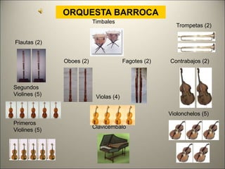 ORQUESTA BARROCA
Timbales
Flautas (2)
Oboes (2) Fagotes (2)
Trompetas (2)
Violas (4)
Contrabajos (2)
Violonchelos (5)
Segundos
Violines (5)
Primeros
Violines (5)
Clavicémbalo
 