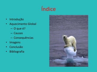 Índice
• Introdução
• Aquecimento Global
– O que é?
– Causas
– Consequências
• Imagens
• Conclusão
• Bibliografia

 