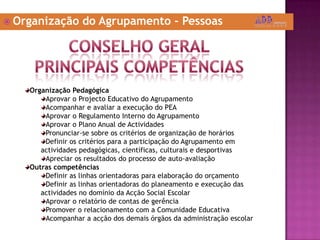 Organização do Agrupamento - PessoasConselho geralPrincipais CompetênciasOrganização PedagógicaAprovar o Projecto Educativo do AgrupamentoAcompanhar e avaliar a execução do PEAAprovar o Regulamento Interno do AgrupamentoAprovar o Plano Anual de ActividadesPronunciar-se sobre os critérios de organização de horáriosDefinir os critérios para a participação do Agrupamento em actividades pedagógicas, científicas, culturais e desportivasApreciar os resultados do processo de auto-avaliaçãoOutras competênciasDefinir as linhas orientadoras para elaboração do orçamentoDefinir as linhas orientadoras do planeamento e execução das actividades no domínio da Acção Social EscolarAprovar o relatório de contas de gerênciaPromover o relacionamento com a Comunidade EducativaAcompanhar a acção dos demais órgãos da administração escolar