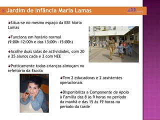 Jardim de Infância Maria LamasSitua-se no mesmo espaço da EB1 Maria LamasFunciona em horário normal           (9:00h-12:00h e das 13:00h -15:00h)Acolhe duas salas de actividades, com 20 e 25 alunos cada e 2 com NEE Praticamente todas crianças almoçam no refeitório da EscolaTem 2 educadoras e 2 assistentes operacionaisDisponibiliza a Componente de Apoio à Família das 8 às 9 horas no período da manhã e das 15 às 19 horas no período da tarde