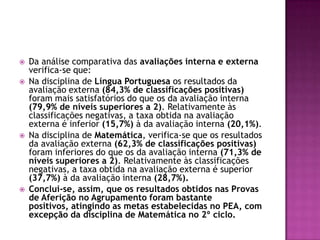 Da análise comparativa das avaliações interna e externa verifica-se que:Na disciplina de Língua Portuguesa os resultados da avaliação externa (84,3% de classificações positivas) foram mais satisfatórios do que os da avaliação interna (79,9% de níveis superiores a 2). Relativamente às classificações negativas, a taxa obtida na avaliação externa é inferior (15,7%) à da avaliação interna (20,1%).Na disciplina de Matemática, verifica-se que os resultados da avaliação externa (62,3% de classificações positivas) foram inferiores do que os da avaliação interna (71,3% de níveis superiores a 2). Relativamente às classificações negativas, a taxa obtida na avaliação externa é superior (37,7%) à da avaliação interna (28,7%).Conclui-se, assim, que os resultados obtidos nas Provas de Aferição no Agrupamento foram bastante positivos, atingindo as metas estabelecidas no PEA, com excepção da disciplina de Matemática no 2º ciclo. 