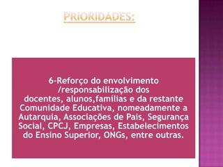 Quadros de Honra (alunos com nível 5 a todas as disciplinas e Satisfaz Bem nas ACND); Mérito (alunos que revelaram maior empenho e concretização na ultrapassagem das dificuldades; com bom comportamento; que se salientaram pela sua assertividade, mediação de conflitos, cooperação nas actividades de enriquecimento curricular, projectos, clubes e actividades diversas)Prémio para o melhor aluno por ano de escolaridade e por Escola;Prémio da melhor Turma (2º e 3º Ciclos): média dos níveis mais elevados atingidos pelas turmas a L.P., Matemática, Inglês e Ciências;Louvor em Conselho Pedagógico: docentes que evidenciam boas práticas lectivas, assim como  em clubes/projectos/actividades que potenciam a identificação/pertença e projecção da Escola;Divulgação dos critérios de classificação, regras do R.I (direitos e deveres dos alunos),meta do Projecto Educativo, horário do aluno, horário de atendimento do D.T., contactos do Agrupamento e do D.T., site, blog, facebook, na recepção dos alunos e Encarregados de Educação.