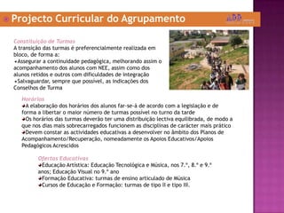  Projecto Curricular do Agrupamento
Constituição de Turmas
A transição das turmas é preferencialmente realizada em
bloco, de forma a:
Assegurar a continuidade pedagógica, melhorando assim o
acompanhamento dos alunos com NEE, assim como dos
alunos retidos e outros com dificuldades de integração
Salvaguardar, sempre que possível, as indicações dos
Conselhos de Turma
Horários
A elaboração dos horários dos alunos far-se-á de acordo com a legislação e de
forma a libertar o maior número de turmas possível no turno da tarde
Os horários das turmas deverão ter uma distribuição lectiva equilibrada, de modo a
que nos dias mais sobrecarregados funcionem as disciplinas de carácter mais prático
Devem constar as actividades educativas a desenvolver no âmbito dos Planos de
Acompanhamento/Recuperação, nomeadamente os Apoios Educativos/Apoios
Pedagógicos Acrescidos
Ofertas Educativas
Educação Artística: Educação Tecnológica e Música, nos 7.º, 8.º e 9.º
anos; Educação Visual no 9.º ano
Formação Educativa: turmas de ensino articulado de Música
Cursos de Educação e Formação: turmas de tipo II e tipo III.
 