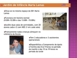  Jardim de Infância Maria Lamas
Situa-se no mesmo espaço da EB1 Maria
Lamas
Funciona em horário normal
(9:00h-12:00h e das 13:00h -15:00h)
Acolhe duas salas de actividades, com 20
alunos cada e 2 com NEE (1 em cada sala)
Praticamente todas crianças almoçam no
refeitório da Escola
Tem 3 educadoras e 3 assistentes
operacionais
Disponibiliza a Componente de Apoio
à Família das 8 às 9 horas no período
da manhã e das 15 às 19 horas no
período da tarde
 