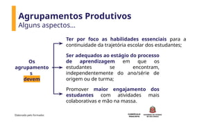 CURRÍCULO
PAULISTA
Agrupamentos Produtivos
Alguns aspectos…
Elaborado pelo formador.
Promover maior engajamento dos
estudantes com atividades mais
colaborativas e mão na massa.
Ter por foco as habilidades essenciais para a
continuidade da trajetória escolar dos estudantes;
Ser adequados ao estágio do processo
de aprendizagem em que os
estudantes se encontram,
independentemente do ano/série de
origem ou de turma;
Os
agrupamento
s
devem
 