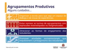 CURRÍCULO
PAULISTA
Organizar a escola para que seja um espaço de
diálogo e de trocas de experiências.
Evitar nomear as turmas de agrupamentos com
expressões estereotipadas ou estigmatizadas.
Direcionar as formas de engajamento dos
estudantes.
Promover atividades socioemocionais que
impulsionem o protagonismo dos estudantes.
Agrupamentos Produtivos
Alguns cuidados…
Elaborado pelo formador.
 