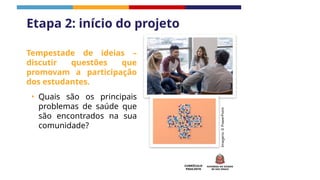 CURRÍCULO
PAULISTA
Tempestade de ideias –
discutir questões que
promovam a participação
dos estudantes.
• Quais são os principais
problemas de saúde que
são encontrados na sua
comunidade?
Imagens:
©
PowerPoint
Etapa 2: início do projeto
 