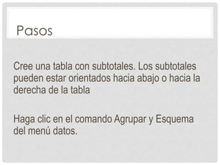 Pasos
Cree una tabla con subtotales. Los subtotales
pueden estar orientados hacia abajo o hacia la
derecha de la tabla
Haga clic en el comando Agrupar y Esquema
del menú datos.