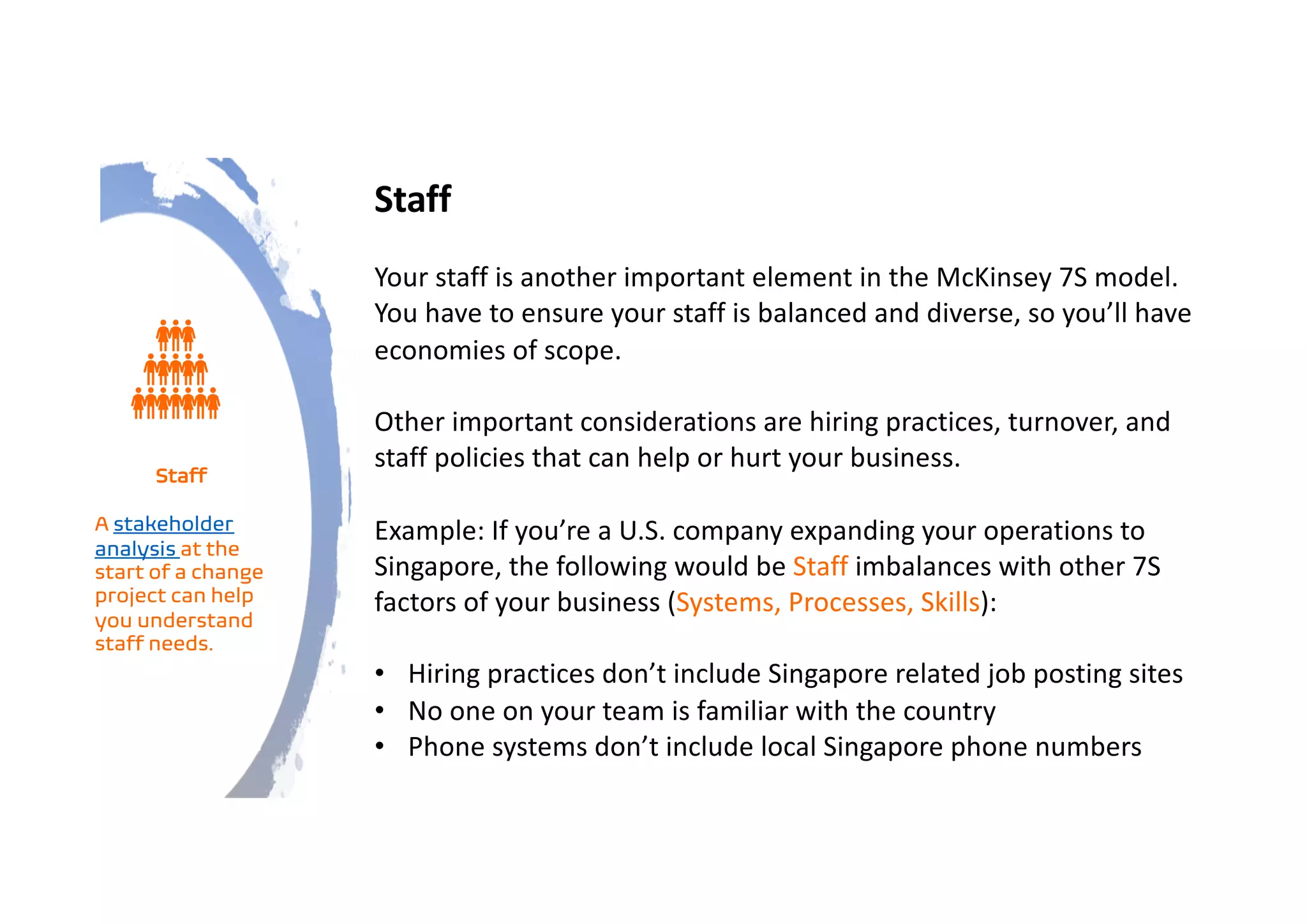 Staff
Your staff is another important element in the McKinsey 7S model.
You have to ensure your staff is balanced and diverse, so you’ll have
economies of scope.
Other important considerations are hiring practices, turnover, and
staff policies that can help or hurt your business.
Example: If you’re a U.S. company expanding your operations to
Singapore, the following would be Staff imbalances with other 7S
factors of your business (Systems, Processes, Skills):
• Hiring practices don’t include Singapore related job posting sites
• No one on your team is familiar with the country
• Phone systems don’t include local Singapore phone numbers
Staff
A stakeholder
analysis at the
start of a change
project can help
you understand
staff needs.
 