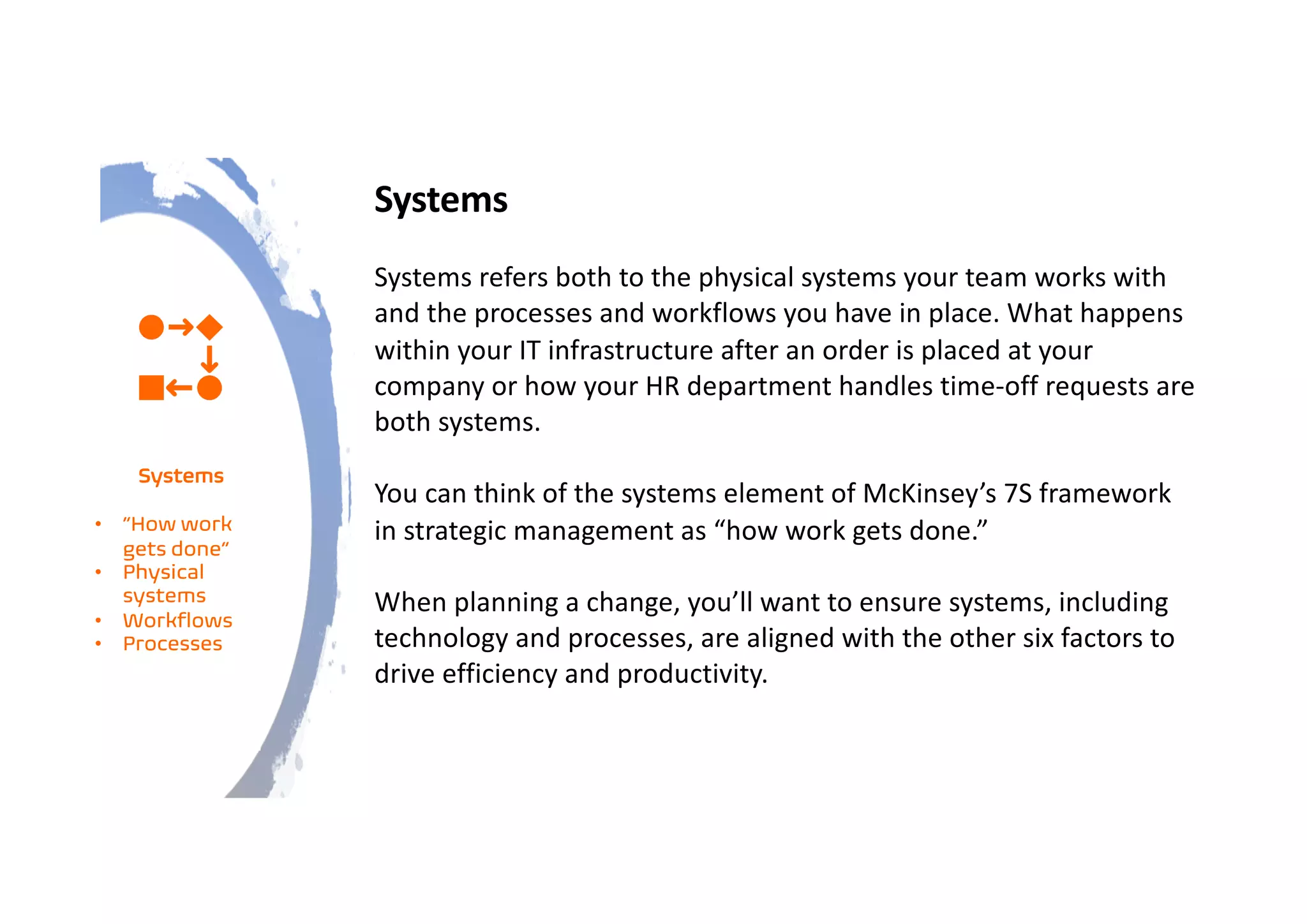 Systems
Systems refers both to the physical systems your team works with
and the processes and workflows you have in place. What happens
within your IT infrastructure after an order is placed at your
company or how your HR department handles time-off requests are
both systems.
You can think of the systems element of McKinsey’s 7S framework
in strategic management as “how work gets done.”
When planning a change, you’ll want to ensure systems, including
technology and processes, are aligned with the other six factors to
drive efficiency and productivity.
Systems
• “How work
gets done”
• Physical
systems
• Workflows
• Processes
 