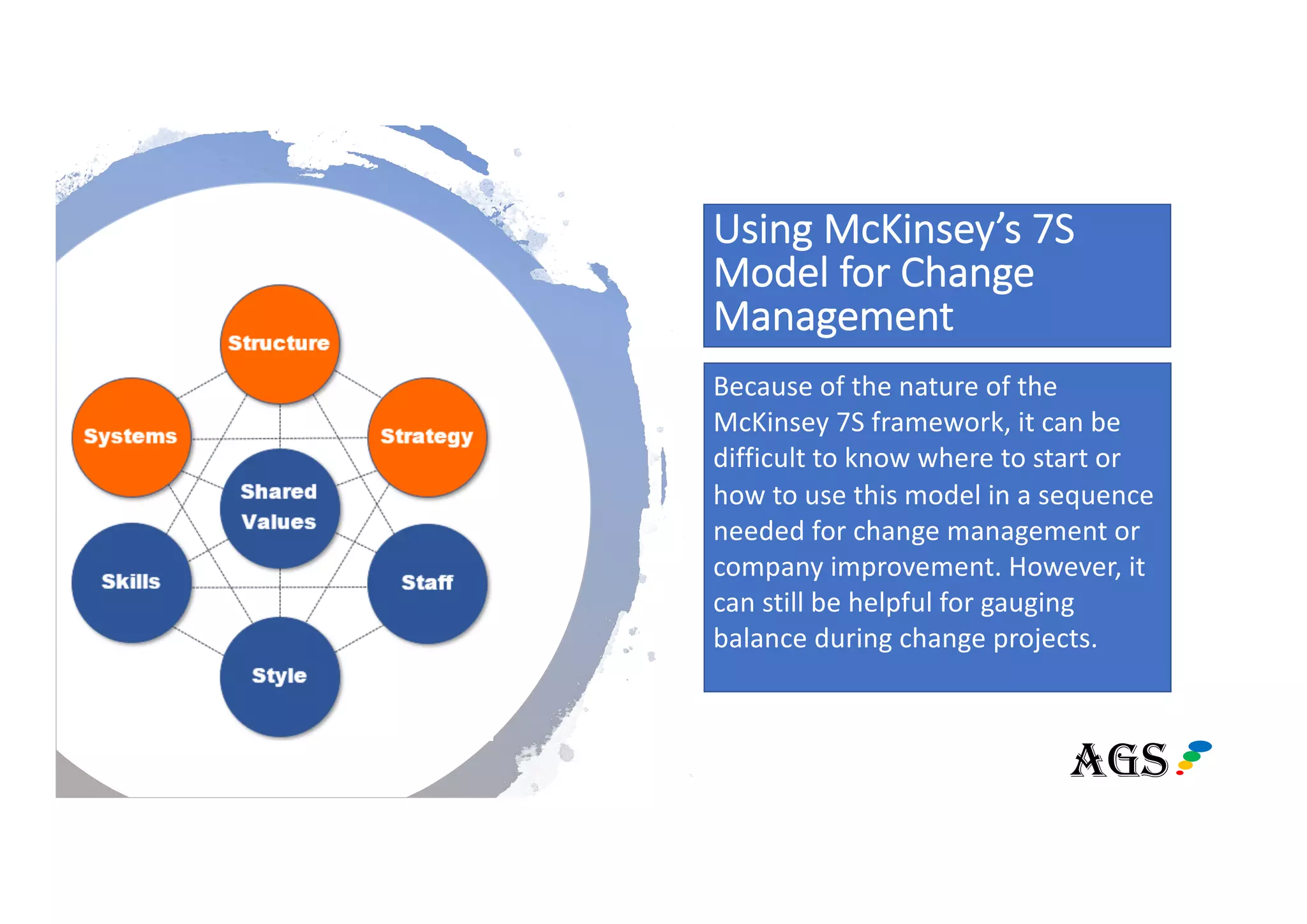 Using McKinsey’s 7S
Model for Change
Management
Because of the nature of the
McKinsey 7S framework, it can be
difficult to know where to start or
how to use this model in a sequence
needed for change management or
company improvement. However, it
can still be helpful for gauging
balance during change projects.
TOOL
AGS
 