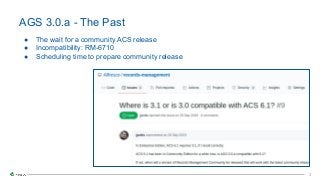 3
3
● The wait for a community ACS release
● Incompatibility: RM-6710
● Scheduling time to prepare community release
AGS 3.0.a - The Past
 