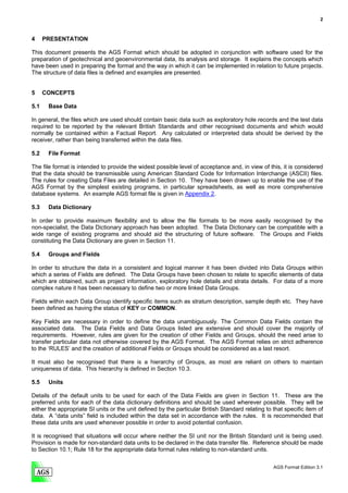2



4     PRESENTATION

This document presents the AGS Format which should be adopted in conjunction with software used for the
preparation of geotechnical and geoenvironmental data, its analysis and storage. It explains the concepts which
have been used in preparing the format and the way in which it can be implemented in relation to future projects.
The structure of data files is defined and examples are presented.


5     CONCEPTS

5.1    Base Data

In general, the files which are used should contain basic data such as exploratory hole records and the test data
required to be reported by the relevant British Standards and other recognised documents and which would
normally be contained within a Factual Report. Any calculated or interpreted data should be derived by the
receiver, rather than being transferred within the data files.

5.2    File Format

The file format is intended to provide the widest possible level of acceptance and, in view of this, it is considered
that the data should be transmissible using American Standard Code for Information Interchange (ASCII) files.
The rules for creating Data Files are detailed in Section 10. They have been drawn up to enable the use of the
AGS Format by the simplest existing programs, in particular spreadsheets, as well as more comprehensive
database systems. An example AGS format file is given in Appendix 2.

5.3    Data Dictionary

In order to provide maximum flexibility and to allow the file formats to be more easily recognised by the
non-specialist, the Data Dictionary approach has been adopted. The Data Dictionary can be compatible with a
wide range of existing programs and should aid the structuring of future software. The Groups and Fields
constituting the Data Dictionary are given in Section 11.

5.4    Groups and Fields

In order to structure the data in a consistent and logical manner it has been divided into Data Groups within
which a series of Fields are defined. The Data Groups have been chosen to relate to specific elements of data
which are obtained, such as project information, exploratory hole details and strata details. For data of a more
complex nature it has been necessary to define two or more linked Data Groups.

Fields within each Data Group identify specific items such as stratum description, sample depth etc. They have
been defined as having the status of KEY or COMMON.

Key Fields are necessary in order to define the data unambiguously. The Common Data Fields contain the
associated data. The Data Fields and Data Groups listed are extensive and should cover the majority of
requirements. However, rules are given for the creation of other Fields and Groups, should the need arise to
transfer particular data not otherwise covered by the AGS Format. The AGS Format relies on strict adherence
to the ‘RULES’ and the creation of additional Fields or Groups should be considered as a last resort.

It must also be recognised that there is a hierarchy of Groups, as most are reliant on others to maintain
uniqueness of data. This hierarchy is defined in Section 10.3.

5.5    Units

Details of the default units to be used for each of the Data Fields are given in Section 11. These are the
preferred units for each of the data dictionary definitions and should be used wherever possible. They will be
either the appropriate SI units or the unit defined by the particular British Standard relating to that specific item of
data. A “data units” field is included within the data set in accordance with the rules. It is recommended that
these data units are used whenever possible in order to avoid potential confusion.

It is recognised that situations will occur where neither the SI unit nor the British Standard unit is being used.
Provision is made for non-standard data units to be declared in the data transfer file. Reference should be made
to Section 10.1; Rule 18 for the appropriate data format rules relating to non-standard units.

                                                                                                   AGS Format Edition 3.1
 