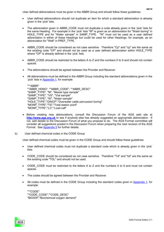 A6/14
     User defined abbreviations must be given in the ABBR Group and should follow these guidelines:

     •    User defined abbreviations should not duplicate an item for which a standard abbreviation is already
          given in the ‘pick’ lists.

     •    The abbreviation given in ABBR_CODE must not duplicate a code already given in the ‘pick’ lists for
          the same Heading. For example in the ‘pick’ lists "W" is given as an abbreviation for "Wash boring" in
          HOLE_TYPE and for "Water sample" in SAMP_TYPE. "W" must not be used as a user defined
          abbreviation in either of these Headings but could be used for other Headings, for example, as an
          abbreviation for "Well" in PREF_TYPE.

     •    ABBR_CODE should be considered as not case sensitive. Therefore "Cp" and "cp" are the same as
          the existing code "CP" and should not be used as a user defined abbreviation within HOLE_TYPE
          where "CP" is already defined in the ‘pick’ lists.

     •    ABBR_CODE should be restricted to the letters A to Z and the numbers 0 to 9 and should not contain
          spaces.

     •    The abbreviations should be agreed between the Provider and Receiver.

     •    All abbreviations must be defined in the ABBR Group including the standard abbreviations given in the
          ‘pick’ lists in Appendix 1, for example:

          "**ABBR"
          "*ABBR_HDNG", "*ABBR_CODE", "*ABBR_DESC"
          "SAMP_TYPE", "M", "Mazier type sample"
          "SAMP_TYPE", "VS", "Vial sample"
          "SAMP_TYPE", "W", "Water sample"
          "HOLE_TYPE","OWCP","Overwater cable percussion boring"
          "MONP_TYPE","TS","Total station point"
          "MONP_TYPE","LC","Load cell"

     • Before creating new abbreviations, consult the Discussion Forum of the AGS web site at
       http://www.ags.org.uk to see if anybody else has already suggested an appropriate abbreviation. If
       not, add details to the Discussion Forum of what you propose to do. The AGS Format committee will
       consider all suggestions posted in the Discussion Forum when preparing the next revision of the AGS
       Format. See Appendix 5 for further details.

b)       User defined chemical codes in the CODE Group

     User defined chemical codes must be given in the CODE Group and should follow these guidelines:

     •    User defined chemical codes must not duplicate a standard code which is already given in the ‘pick’
          lists.

     •    CODE_CODE should be considered as not case sensitive. Therefore "Tol" and "tol" are the same as
          the existing code "TOL" and should not be used.

     •    CODE_CODE must be restricted to the letters A to Z and the numbers 0 to 9 and must not contain
          spaces.

     •    The codes should be agreed between the Provider and Receiver.

     •    All codes must be defined in the CODE Group including the standard codes given in Appendix 1, for
          example:

          "**CODE"
          "*CODE_CODE","*CODE_DESC”
          "BIOXW","Biochemical oxygen demand"




                                                                                            AGS Format Edition 3.1
 
