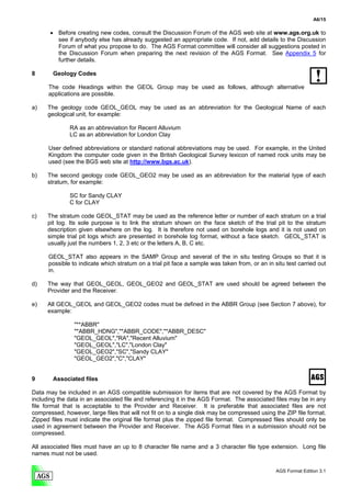 A6/15

       • Before creating new codes, consult the Discussion Forum of the AGS web site at www.ags.org.uk to
         see if anybody else has already suggested an appropriate code. If not, add details to the Discussion
         Forum of what you propose to do. The AGS Format committee will consider all suggestions posted in
         the Discussion Forum when preparing the next revision of the AGS Format. See Appendix 5 for
         further details.

8       Geology Codes

      The code Headings within the GEOL Group may be used as follows, although alternative
      applications are possible.

a)    The geology code GEOL_GEOL may be used as an abbreviation for the Geological Name of each
      geological unit, for example:

              RA as an abbreviation for Recent Alluvium
              LC as an abbreviation for London Clay

      User defined abbreviations or standard national abbreviations may be used. For example, in the United
      Kingdom the computer code given in the British Geological Survey lexicon of named rock units may be
      used (see the BGS web site at http://www.bgs.ac.uk).

b)    The second geology code GEOL_GEO2 may be used as an abbreviation for the material type of each
      stratum, for example:

              SC for Sandy CLAY
              C for CLAY

c)    The stratum code GEOL_STAT may be used as the reference letter or number of each stratum on a trial
      pit log. Its sole purpose is to link the stratum shown on the face sketch of the trial pit to the stratum
      description given elsewhere on the log. It is therefore not used on borehole logs and it is not used on
      simple trial pit logs which are presented in borehole log format, without a face sketch. GEOL_STAT is
      usually just the numbers 1, 2, 3 etc or the letters A, B, C etc.

      GEOL_STAT also appears in the SAMP Group and several of the in situ testing Groups so that it is
      possible to indicate which stratum on a trial pit face a sample was taken from, or an in situ test carried out
      in.

d)    The way that GEOL_GEOL, GEOL_GEO2 and GEOL_STAT are used should be agreed between the
      Provider and the Receiver.

e)    All GEOL_GEOL and GEOL_GEO2 codes must be defined in the ABBR Group (see Section 7 above), for
      example:

                "**ABBR"
                "*ABBR_HDNG","*ABBR_CODE","*ABBR_DESC"
                "GEOL_GEOL","RA","Recent Alluvium"
                "GEOL_GEOL","LC","London Clay"
                "GEOL_GEO2","SC","Sandy CLAY"
                "GEOL_GEO2","C","CLAY"


9       Associated files

Data may be included in an AGS compatible submission for items that are not covered by the AGS Format by
including the data in an associated file and referencing it in the AGS Format. The associated files may be in any
file format that is acceptable to the Provider and Receiver. It is preferable that associated files are not
compressed, however, large files that will not fit on to a single disk may be compressed using the ZIP file format.
Zipped files must indicate the original file format plus the zipped file format. Compressed files should only be
used in agreement between the Provider and Receiver. The AGS Format files in a submission should not be
compressed.

All associated files must have an up to 8 character file name and a 3 character file type extension. Long file
names must not be used.

                                                                                                AGS Format Edition 3.1
 