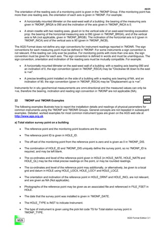 A6/25
The orientation of the reading axis of a monitoring point is given in the ?MONP Group. If the monitoring point has
more than one reading axis, the orientation of each axis is given in ?MONP. For example:

     •   A horizontally mounted tiltmeter on the east-west wall of a building: the bearing of the measuring axis
         given in ?MONP_BRGA is 090 and the inclination of the axis given in ?MONP_INCA is 0.

     •   A strain rosette with two reading axes, glued on to the vertical side of an east-west trending excavation
         prop: the bearing of the horizontal measuring axis is 090 (given in ?MONP_BRGA), and of the vertical
         axis is NA (not applicable, given in ?MONP_BRGB). The inclination of the horizontal axis is 0 (given in
         ?MONP_INCA) and of the vertical axis is 90 (given in ?MONP_INCB).

The AGS Format does not define any sign conventions for instrument readings reported in ?MONR. The sign
conventions for each measuring point must be defined in ?MONP. For some instruments a sign convention is
not relevant, if the reading can only ever be positive. For monitoring points with more than one axis, the sign
convention must be given for each axis. The sign convention is defined in words and must be unambiguous. The
sign convention, orientation and inclination of the reading axis must be mutually compatible. For example:

     •   A horizontally mounted tiltmeter on the east-west wall of a building: with a reading axis bearing 090 and
         an inclination of 0, the sign convention (given in ?MONP_RSCA) may be "Clockwise tilt down to the east
         is +ve".

     •   A precise levelling point installed on the side of a building with a reading axis bearing of NA, and an
         inclination of 90, the sign convention (given in ?MONP_RSCA) may be "Displacement up is +ve".

Instruments for in situ geochemical measurements are omni-directional and the measured values can only be
+ve, therefore the bearing, inclination and reading sign convention in ?MONP are not applicable (NA).


22       ?MONP and ?MONR Examples

The following examples illustrate how to report the installation details and readings of physical parameters for
common instruments using the ?MONP and ?MONR Groups. General concepts are not repeated in subsequent
examples. Detailed, worked examples for most common instrument types are given on the AGS web site at
http://www.ags.org.uk.

a) Total station survey point on a building

     •   The reference point and the monitoring point locations are the same.

     •   The reference point ID is given in HOLE_ID.

     •   The off-set of the monitoring point from the reference point is zero and is given as 0 in ?MONP_DIS.

     •   The combination of HOLE_ID and ?MONP_DIS uniquely define the survey point, so no ?MONP_ID is
         required, and may be left blank.

     •   The co-ordinates and level of the reference point given in HOLE (in HOLE_NATE, HOLE_NATN and
         HOLE_GL) may be the initial precise readings on the point, or may be rounded readings.

     •   The co-ordinates and level of the reference point may additionally, or alternatively, be given to a local
         grid and datum in HOLE using HOLE_LOCX, HOLE_LOCY and HOLE_LOCZ.

     •   The orientation and inclination of the reference point in HOLE_ORNT and HOLE_INCL are not relevant,
         and are given as NA (Not applicable).

     •   Photographs of the reference point may be given as an associated file and referenced in FILE_FSET in
         HOLE.

     •   The date that the survey point was installed is given in ?MONP_DATE.

     •   The HOLE_TYPE is INST to indicate Instrument.

     •   The type of instrument is given using the pick list code TS for Total station survey point in
         ?MONP_TYPE.
                                                                                                  AGS Format Edition 3.1
 