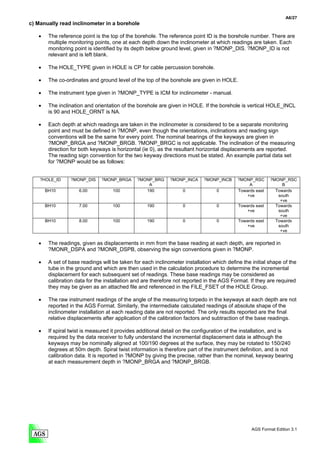 A6/27
c) Manually read inclinometer in a borehole

   •    The reference point is the top of the borehole. The reference point ID is the borehole number. There are
        multiple monitoring points, one at each depth down the inclinometer at which readings are taken. Each
        monitoring point is identified by its depth below ground level, given in ?MONP_DIS. ?MONP_ID is not
        relevant and is left blank.

   •    The HOLE_TYPE given in HOLE is CP for cable percussion borehole.

   •    The co-ordinates and ground level of the top of the borehole are given in HOLE.

   •    The instrument type given in ?MONP_TYPE is ICM for inclinometer - manual.

   •    The inclination and orientation of the borehole are given in HOLE. If the borehole is vertical HOLE_INCL
        is 90 and HOLE_ORNT is NA.

   •    Each depth at which readings are taken in the inclinometer is considered to be a separate monitoring
        point and must be defined in ?MONP, even though the orientations, inclinations and reading sign
        conventions will be the same for every point. The nominal bearings of the keyways are given in
        ?MONP_BRGA and ?MONP_BRGB. ?MONP_BRGC is not applicable. The inclination of the measuring
        direction for both keyways is horizontal (ie 0), as the resultant horizontal displacements are reported.
        The reading sign convention for the two keyway directions must be stated. An example partial data set
        for ?MONP would be as follows:


    ?HOLE_ID     ?MONP_DIS     ?MONP_BRGA      ?MONP_BRG     ?MONP_INCA     ?MONP_INCB     ?MONP_RSC      ?MONP_RSC
                                                   A                                            A              B
       BH10          6.00           100           190              0             0         Towards east     Towards
                                                                                               +ve           south
                                                                                                              +ve
       BH10          7.00           100            190             0             0         Towards east     Towards
                                                                                               +ve           south
                                                                                                              +ve
       BH10          8.00           100            190             0             0         Towards east     Towards
                                                                                               +ve           south
                                                                                                              +ve

   •    The readings, given as displacements in mm from the base reading at each depth, are reported in
        ?MONR_DSPA and ?MONR_DSPB, observing the sign conventions given in ?MONP.

   •    A set of base readings will be taken for each inclinometer installation which define the initial shape of the
        tube in the ground and which are then used in the calculation procedure to determine the incremental
        displacement for each subsequent set of readings. These base readings may be considered as
        calibration data for the installation and are therefore not reported in the AGS Format. If they are required
        they may be given as an attached file and referenced in the FILE_FSET of the HOLE Group.

   •    The raw instrument readings of the angle of the measuring torpedo in the keyways at each depth are not
        reported in the AGS Format. Similarly, the intermediate calculated readings of absolute shape of the
        inclinometer installation at each reading date are not reported. The only results reported are the final
        relative displacements after application of the calibration factors and subtraction of the base readings.

   •    If spiral twist is measured it provides additional detail on the configuration of the installation, and is
        required by the data receiver to fully understand the incremental displacement data ie although the
        keyways may be nominally aligned at 100/190 degrees at the surface, they may be rotated to 150/240
        degrees at 50m depth. Spiral twist information is therefore part of the instrument definition, and is not
        calibration data. It is reported in ?MONP by giving the precise, rather than the nominal, keyway bearing
        at each measurement depth in ?MONP_BRGA and ?MONP_BRGB.




                                                                                                 AGS Format Edition 3.1
 
