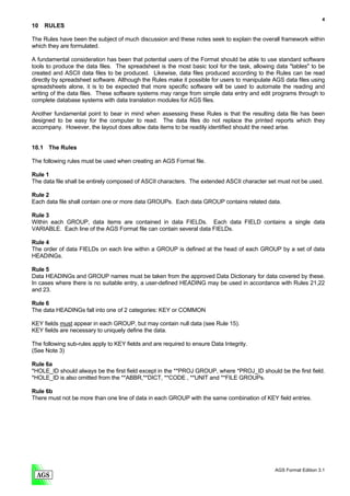 4
10   RULES

The Rules have been the subject of much discussion and these notes seek to explain the overall framework within
which they are formulated.

A fundamental consideration has been that potential users of the Format should be able to use standard software
tools to produce the data files. The spreadsheet is the most basic tool for the task, allowing data "tables" to be
created and ASCII data files to be produced. Likewise, data files produced according to the Rules can be read
directly by spreadsheet software. Although the Rules make it possible for users to manipulate AGS data files using
spreadsheets alone, it is to be expected that more specific software will be used to automate the reading and
writing of the data files. These software systems may range from simple data entry and edit programs through to
complete database systems with data translation modules for AGS files.

Another fundamental point to bear in mind when assessing these Rules is that the resulting data file has been
designed to be easy for the computer to read. The data files do not replace the printed reports which they
accompany. However, the layout does allow data items to be readily identified should the need arise.


10.1 The Rules

The following rules must be used when creating an AGS Format file.

Rule 1
The data file shall be entirely composed of ASCII characters. The extended ASCII character set must not be used.

Rule 2
Each data file shall contain one or more data GROUPs. Each data GROUP contains related data.

Rule 3
Within each GROUP, data items are contained in data FIELDs. Each data FIELD contains a single data
VARIABLE. Each line of the AGS Format file can contain several data FIELDs.

Rule 4
The order of data FIELDs on each line within a GROUP is defined at the head of each GROUP by a set of data
HEADINGs.

Rule 5
Data HEADINGs and GROUP names must be taken from the approved Data Dictionary for data covered by these.
In cases where there is no suitable entry, a user-defined HEADING may be used in accordance with Rules 21,22
and 23.

Rule 6
The data HEADINGs fall into one of 2 categories: KEY or COMMON

KEY fields must appear in each GROUP, but may contain null data (see Rule 15).
KEY fields are necessary to uniquely define the data.

The following sub-rules apply to KEY fields and are required to ensure Data Integrity.
(See Note 3)

Rule 6a
*HOLE_ID should always be the first field except in the **PROJ GROUP, where *PROJ_ID should be the first field.
*HOLE_ID is also omitted from the **ABBR,**DICT, **CODE , **UNIT and **FILE GROUPs.

Rule 6b
There must not be more than one line of data in each GROUP with the same combination of KEY field entries.




                                                                                              AGS Format Edition 3.1
 
