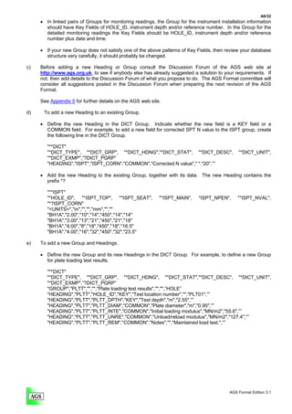 A6/32
     • In linked pairs of Groups for monitoring readings, the Group for the instrument installation information
       should have Key Fields of HOLE_ID, instrument depth and/or reference number. In the Group for the
       detailed monitoring readings the Key Fields should be HOLE_ID, instrument depth and/or reference
       number plus date and time.

     • If your new Group does not satisfy one of the above patterns of Key Fields, then review your database
       structure very carefully, it should probably be changed.

c)   Before adding a new Heading or Group consult the Discussion Forum of the AGS web site at
     http://www.ags.org.uk, to see if anybody else has already suggested a solution to your requirements. If
     not, then add details to the Discussion Forum of what you propose to do. The AGS Format committee will
     consider all suggestions posted in the Discussion Forum when preparing the next revision of the AGS
     Format.

     See Appendix 5 for further details on the AGS web site.

d)    To add a new Heading to an existing Group.

     • Define the new Heading in the DICT Group. Indicate whether the new field is a KEY field or a
       COMMON field. For example, to add a new field for corrected SPT N value to the ISPT group, create
       the following line in the DICT Group.

        "**DICT"
        "*DICT_TYPE", "*DICT_GRP", "*DICT_HDNG","*DICT_STAT", "*DICT_DESC",                     "*DICT_UNIT",
        "*DICT_EXMP",”?DICT_PGRP”
        "HEADING","ISPT","ISPT_CORN","COMMON","Corrected N value"," ","20",””

     • Add the new Heading to the existing Group, together with its data. The new Heading contains the
       prefix *?

        "**ISPT"
        "*HOLE_ID", "*ISPT_TOP", "*ISPT_SEAT",             "*ISPT_MAIN",     *ISPT_NPEN",      "*ISPT_NVAL",
        "*?ISPT_CORN"
        "<UNITS>","m","","","mm","",""
        "BH1A","2.00","10","14","450","14","14"
        "BH1A","3.00","13","21","450","21","18"
        "BH1A","4.00","8","18","450","18","16.5"
        "BH1A","4.00","16","32","450","32","23.5"

e)   To add a new Group and Headings.

     • Define the new Group and its new Headings in the DICT Group. For example, to define a new Group
       for plate loading test results.

        "**DICT"
        "*DICT_TYPE", "*DICT_GRP", "*DICT_HDNG", "*DICT_STAT","*DICT_DESC", "*DICT_UNIT",
        "*DICT_EXMP",”?DICT_PGRP”
        "GROUP","PLTT","","","Plate loading test results","","",”HOLE”
        "HEADING","PLTT","HOLE_ID","KEY","Test location number","","PLT01",””
        "HEADING","PLTT","PLTT_DPTH","KEY","Test depth","m","2.55",””
        "HEADING","PLTT","PLTT_DIAM","COMMON","Plate diameter","m","0.95",””
        "HEADING","PLTT","PLTT_INTE","COMMON","Initial loading modulus","MN/m2","55.6",””
        "HEADING","PLTT","PLTT_UNRE","COMMON","Unload/reload modulus","MN/m2","127.4",””
        "HEADING","PLTT","PLTT_REM","COMMON","Notes","","Maintained load test.",””




                                                                                           AGS Format Edition 3.1
 