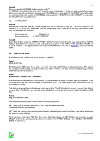 7
Rule 23
Each non-standard HEADING shall contain the prefix *?.
A HEADING name shall not be more than 9 characters long excluding the *? prefix and shall consist of uppercase
letters, numbers or the underscore character only. HEADING names shall start with the GROUP name followed by
an underscore character, except for HEADINGs which duplicate a HEADING in another GROUP, in which case
this HEADING shall be used instead.

e.g.    “*?ISPT_CALN”

Rule 24
Miscellaneous computer files (e.g. digital images) may be included with a data file. Each such file should be
defined in a **FILE GROUP. File names shall not contain more than 8 characters in the main body and not more
than 3 characters in the extension.

        Correct example:               FNAME.XLS
        Incorrect example:       A LONG NAME.XYZ

Rule 25
Every data file that contains a **CNMT or **?ICCT GROUP for chemical test results must also contain a **CODE
GROUP that defines the codes used for each determinand given in the CNMT_TYPE field of the **CNMT or
**?ICCT GROUP. This applies to standard codes selected from the ‘pick’ lists in Appendix 1 and user defined
codes.


10.2 Notes on the Rules

The following notes explain some points of detail in the Rules.

Note 1
ASCII 'CSV' Files

The Rules define ASCII data files of a type commonly referred to as CSV (Comma Separated Value). This type of
file is produced and read by some spreadsheet (and other) systems. The data items are separated by commas
and are surrounded by quotes (").

Note 2
Numeric and Character Data - Delimiters

The Rules permit any Data Field to contain text, since this allows characters in numeric fields and caters for those
countries which use the comma in place of the decimal point. For these reasons ALL Data Fields must be
surrounded by quotes.

Note that most spreadsheet and database systems provide a VALUE( ) function (or similar) to convert text data to
numeric data. This function can be used where calculations need to be carried out on data imported from AGS
files.

Note 3
Key and Common Fields

The Data Fields defined by the Format fall into one of two categories:

KEY Fields must be included every time a Data Group appears in a data file.
COMMON Fields are all other fields.

KEY Fields are important for maintaining data integrity. Without this the receiving software may not be able to use
the data in a meaningful way.

For the purpose of creating AGS files this means that data entered into KEY Fields must be unique in each
GROUP and that the corresponding entries are made in the PARENT GROUP. See GROUP HIERARCHY
TABLE (Section 10.3).




                                                                                                AGS Format Edition 3.1
 
