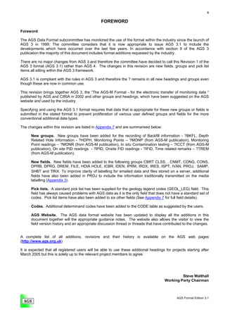 ii


                                                FOREWORD

Foreword

The AGS Data Format subcommittee has monitored the use of the format within the industry since the launch of
AGS 3 in 1999. The committee considers that it is now appropriate to issue AGS 3.1 to include the
developments which have occurred over the last few years. In accordance with section 9 of the AGS 3
publication the majority of this document includes format additions requested by the industry.

There are no major changes from AGS 3 and therefore the committee have decided to call this Revision 1 of the
AGS 3 format (AGS 3.1) rather than AGS 4. The changes in this revision are new fields, groups and pick list
items all sitting within the AGS 3 framework.

AGS 3.1 is compliant with the rules in AGS 3 and therefore the ? remains in all new headings and groups even
though these are now in common use.

This revision brings together AGS 3, the “The AGS-M Format - for the electronic transfer of monitoring data “
published by AGS and CIRIA in 2002 and other groups and headings, which have been suggested on the AGS
website and used by the industry.

Specifying and using the AGS 3.1 format requires that data that is appropriate for these new groups or fields is
submitted in the stated format to prevent proliferation of various user defined groups and fields for the more
conventional additional data types.

The changes within this revision are listed in Appendix 7 and are summarised below:

      New groups. New groups have been added for the recording of Backfill information - ?BKFL, Depth
      Related Hole Information - ?HDPH, Monitoring Points – ?MONP (from AGS-M publication), Monitoring
      Point readings – ?MONR (from AGS-M publication), In situ Contamination testing – ?ICCT (from AGS-M
      publication), On site PID readings - ?IPID, Onsite FID readings - ?IFID, Time related remarks – ?TREM
      (from AGS-M publication).

      New fields. New fields have been added to the following groups CBRT CLSS, , CNMT, CONG, CONS,
      DPRB, DPRG, DREM, FILE, HDIA HOLE, ICBR, IDEN, IPRM, IRDX, IRES, ISPT, IVAN, PROJ, SAMP,
      SHBT and TRIX. To improve clarity of labelling for emailed data and files stored on a server, additional
      fields have also been added in PROJ to include the information traditionally transmitted on the media
      labelling (Appendix 3).

      Pick lists. A standard pick list has been supplied for the geology legend codes (GEOL_LEG) field. This
      field has always caused problems with AGS data as it is the only field that does not have a standard set of
      codes. Pick list items have also been added to six other fields (See Appendix 7 for full field details).

      Codes. Additional determinand codes have been added to the CODE table as suggested by the users.

      AGS Website. The AGS data format website has been updated to display all the additions in this
      document together will the appropriate guidance notes. The website also allows the visitor to view the
      field version history and an appropriate discussion thread or threads that have contributed to the changes.


A complete list of all additions, revisions and their history is available on the AGS web pages
(http://www.ags.org.uk)

It is expected that all registered users will be able to use these additional headings for projects starting after
March 2005 but this is solely up to the relevant project members to agree.




                                                                                                Steve Walthall
                                                                                       Working Party Chairman



                                                                                              AGS Format Edition 3.1
 