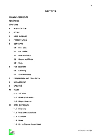 iii



                                         CONTENTS

ACKNOWLEDGEMENTS

FOREWORD

CONTENTS

1    INTRODUCTION

2    SCOPE

3    USER SUPPORT

4    PRESENTATION

5    CONCEPTS

     5.1    Base Data

     5.2    File Format

     5.3    Data Dictionary

     5.4    Groups and Fields

     5.5    Units

6    FILE SECURITY

     6.1    Labelling

     6.2    Virus Protection

7    PRELIMINARY AND FINAL DATA

8    MANAGEMENT

9    UPDATING

10   RULES

     10.1   The Rules

     10.2   Notes on the Rules

     10.3   Group Hierarchy

11   DATA DICTIONARY

     11.1   Data Sets

     11.2   Units of Measurement

     11.3   Examples

     11.4   Notes

     11.5   Key to Change Control Used


                                                    AGS Format Edition 3.1
 