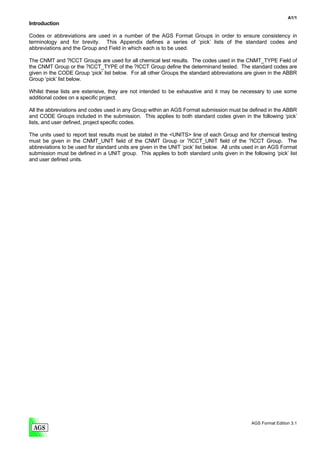 A1/1
Introduction

Codes or abbreviations are used in a number of the AGS Format Groups in order to ensure consistency in
terminology and for brevity. This Appendix defines a series of ‘pick’ lists of the standard codes and
abbreviations and the Group and Field in which each is to be used.

The CNMT and ?ICCT Groups are used for all chemical test results. The codes used in the CNMT_TYPE Field of
the CNMT Group or the ?ICCT_TYPE of the ?ICCT Group define the determinand tested. The standard codes are
given in the CODE Group ‘pick’ list below. For all other Groups the standard abbreviations are given in the ABBR
Group ‘pick’ list below.

Whilst these lists are extensive, they are not intended to be exhaustive and it may be necessary to use some
additional codes on a specific project.

All the abbreviations and codes used in any Group within an AGS Format submission must be defined in the ABBR
and CODE Groups included in the submission. This applies to both standard codes given in the following ‘pick’
lists, and user defined, project specific codes.

The units used to report test results must be stated in the <UNITS> line of each Group and for chemical testing
must be given in the CNMT_UNIT field of the CNMT Group or ?ICCT_UNIT field of the ?ICCT Group. The
abbreviations to be used for standard units are given in the UNIT ‘pick’ list below. All units used in an AGS Format
submission must be defined in a UNIT group. This applies to both standard units given in the following ‘pick’ list
and user defined units.




                                                                                                AGS Format Edition 3.1
 