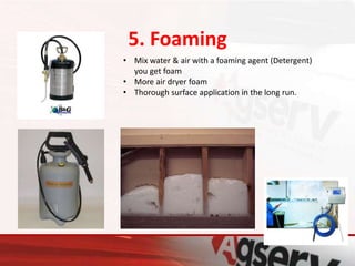 5. Foaming
• Mix water & air with a foaming agent (Detergent)
you get foam
• More air dryer foam
• Thorough surface application in the long run.
 