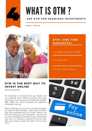 O T M ( O N E T I M E
M A N A D A T E )
It is simple to Set up an OTM
It is easy to use
It is 100% Safe & Secure
O T M I S T H E B E S T W A Y T O
I N V E S T O N L I N E
For investing in a mutual fund, you need to set
up a Mutual Fund trading account with your
distributor. Such accounts are powered by NSE,
BSE, CAMS etc, which provides the paperless
transaction facility.
While creating such accounts, you get an option
to create an ACH Mandate , also known as OTM (
One time mandate with your bank. There is no
limit for setting up such mandates - you can set
up such mandate according to your investment
size, like- if u intend to invest Rs 10 lacs at a go,
then you should create the OTM of Rs 10 lacs
limit.
MUTUAL FUND INVESTING
WHAT IS OTM ?
U S E O T M F O R S E A M L E S S I N V E S T M E N T S
S O U R C E : I N H O U S E
 