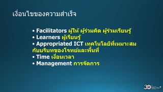 • Facilitators ผู้ให้ ผู้ร่วมคิด ผู้ร่วมเรียนรู้
• Learners ผู้เรียนรู้
• Appropriated ICT เทคโนโลยีที่เหมาะสม
กับบริบทของโจทย์และพื้นที่
• Time เงื่อนเวลา
• Management การจัดการ
 