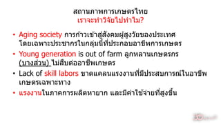 สถำนภำพกำรเกษตรไทย
เรำจะทำวิจัยไปทำไม?
• Aging society กำรก ้ำวเข ้ำสู่สังคมผู้สูงวัยของประเทศ
โดยเฉพำะประชำกรในกลุ่มนี้ที่ประกอบอำขีพกำรเกษตร
• Young generation is out of farm ลูกหลำนเกษตรกร
(บำงส่วน) ไม่สืบต่ออำชีพเกษตร
• Lack of skill labors ขำดแคลนแรงงำนที่มีประสบกำรณ์ในอำขีพ
เกษตรเฉพำะทำง
• แรงงำนในภำคกำรผลิตหำยำก และมีค่ำใช ้จ่ำยที่สูงขึ้น
6
 