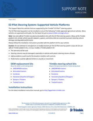 SUPPORT NOTE
                                                                                                                                                                 AGRICULTURE


August 2012



EZ-Pilot Steering System: Supported Vehicle Platforms
This Support Note lists vehicles that are supported by the Trimble® EZ-Pilot™ steering system.
The EZ-Pilot steering system can be installed on any of the following Trimble approved agricultural vehicles. More
vehicles are approved continually: For the latest list, go to www.trimble.com/agriculture.
Note: Use only official Trimble manufactured platform kits with the EZ-Pilot steering system. Many of the Trimble
platform kits include vehicle-specific adapters, spacers, and shims that are essential to prevent steering column
damage and degraded performance.
Always follow the installation instructions provided with the platform kit for your vehicle.
Caution: Do not attempt to manufacture or modify brackets for the EZ-Pilot steering system. If you do not use
official Trimble platform kits, or if you modify a Trimble platform kit:
• The warranty will be void.
• Steering columns may be damaged, especially on vehicles with plastic steering column shrouds.
• Safety problems could result if the brackets interfere with controls.
• Performance could be affected if there is any flex or movement.

     OEM replacement kits                                                                                    Trimble steering wheel kits
     (Reuse the vehicle’s current steering wheel)                                                            (Requires the separate purchase of a Trimble steering wheel)

     • 2WD/MFWD tractors                                                                                     • 2WD/MFWD tractors
     • Articulated tractors                                                                                  • Articulated tractors
     • Combines                                                                                              • Combines
     • Harvesters/Swathers/Choppers                                                                          • Harvesters/Swathers/Choppers
     • Sprayers / Floaters                                                                                   • Sprayers / Floaters
     • Tracked tractors                                                                                      • Tracked tractors


Installation instructions
For the latest installation instruction manuals, go to http://agpartners.trimble.com.




                                   This document is for informational purposes only and is not a legally binding agreement or offer.
                                          Trimble makes no warranties and assumes no obligations or liabilities hereunder.
                       Trimble Navigation Limited, Agriculture Division, 10355 Westmoor Drive, Suite #100, Westminster, CO 80021, USA
© 2012, Trimble Navigation Limited. All rights reserved. Trimble and the Globe & Triangle logo are trademarks of Trimble Navigation Limited, registered in the
United States and in other countries. EZ-Pilot is a trademark of Trimble Navigation Limited. All other trademarks are the property of their respective owners.


www.trimble.com                                                                                            ID: 21169-23                                                     Page 1
 