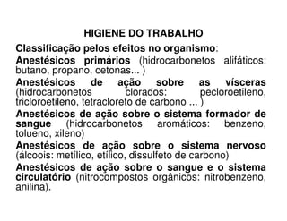 HIGIENE DO TRABALHO
Classificação pelos efeitos no organismo:
Anestésicos primários (hidrocarbonetos alifáticos:
butano, propano, cetonas... )
Anestésicos de ação sobre as vísceras
(hidrocarbonetos clorados: pecloroetileno,
tricloroetileno, tetracloreto de carbono ... )
Anestésicos de ação sobre o sistema formador deAnestésicos de ação sobre o sistema formador de
sangue (hidrocarbonetos aromáticos: benzeno,
tolueno, xileno)
Anestésicos de ação sobre o sistema nervoso
(álcoois: metílico, etílico, dissulfeto de carbono)
Anestésicos de ação sobre o sangue e o sistema
circulatório (nitrocompostos orgânicos: nitrobenzeno,
anilina).
 