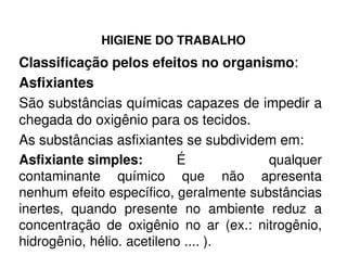 HIGIENE DO TRABALHO
Classificação pelos efeitos no organismo:
Asfixiantes
São substâncias químicas capazes de impedir a
chegada do oxigênio para os tecidos.
As substâncias asfixiantes se subdividem em:As substâncias asfixiantes se subdividem em:
Asfixiante simples: É qualquer
contaminante químico que não apresenta
nenhum efeito específico, geralmente substâncias
inertes, quando presente no ambiente reduz a
concentração de oxigênio no ar (ex.: nitrogênio,
hidrogênio, hélio. acetileno .... ).
 