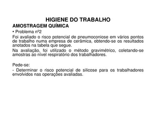 HIGIENE DO TRABALHO
AMOSTRAGEM QUÍMICA
• Problema nº2
Foi avaliado o risco potencial de pneumoconiose em vários pontos
de trabalho numa empresa de cerâmica, obtendo-se os resultados
anotados na tabela que segue.
Na avaliação, foi utilizado o método gravimétrico, coletando-se
amostras ao nível respiratório dos trabalhadores.
Pede-se:
- Determinar o risco potencial de silicose para os trabalhadores
envolvidos nas operações avaliadas.
 