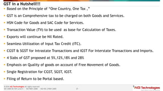 27
© 2016 AG Technologies All rights reserved
SEI-CMMi SE/SW Level 5 - ISO 9001:2008 - ISO/IEC 27001:2005
GST in a Nutshell!!!
 Based on the Principle of “One Country, One Tax ,”
 GST is an Comprehensive tax to be charged on both Goods and Services.
 HSN Code for Goods and SAC Code for Services.
 Transaction Value (TV) to be used as base for Calculation of Taxes.
 Exports will continue be Nil Rated.
 Seamless Utilization of Input Tax Credit (ITC).
 CGST & SGST for Intrastate Transactions and IGST For Interstate Transactions and Imports.
 4 Slabs of GST proposed at 5%,12%,18% and 28%
 Emphasis on Quality of goods on account of Free Movement of Goods.
 Single Registration for CGST, SGST, IGST.
 Filing of Return to be Portal based.
 