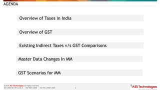 2
© 2016 AG Technologies All rights reserved
SEI-CMMi SE/SW Level 5 - ISO 9001:2008 - ISO/IEC 27001:2005
Overview of Taxes in India
Master Data Changes In MM
Overview of GST
Existing Indirect Taxes v/s GST Comparisons
GST Scenarios for MM
AGENDA
 