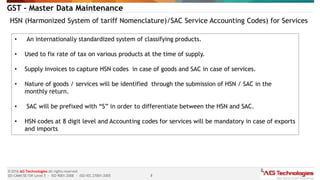 8
© 2016 AG Technologies All rights reserved
SEI-CMMi SE/SW Level 5 - ISO 9001:2008 - ISO/IEC 27001:2005
GST - Master Data Maintenance
HSN (Harmonized System of tariff Nomenclature)/SAC Service Accounting Codes) for Services
• An internationally standardized system of classifying products.
• Used to fix rate of tax on various products at the time of supply.
• Supply invoices to capture HSN codes in case of goods and SAC in case of services.
• Nature of goods / services will be identified through the submission of HSN / SAC in the
monthly return.
• SAC will be prefixed with “S” in order to differentiate between the HSN and SAC.
• HSN codes at 8 digit level and Accounting codes for services will be mandatory in case of exports
and imports
 