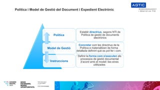 Política
Model de Gestió
Instruccions
Establir directrius, segons NTI de
Política de gestió de documents
electrònics
Concr...