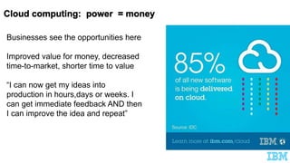 Businesses see the opportunities here
Improved value for money, decreased
time-to-market, shorter time to value
“I can now get my ideas into
production in hours,days or weeks. I
can get immediate feedback AND then
I can improve the idea and repeat”
 