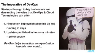 Startups through to big businesses are
demanding the value that DevOps & Cloud
Technologies can offer
1. Production deployment pipeline up and
running in days
2. Updates published in hours or minutes
– continuously
DevOps helps transition an organization
into this new world…
 